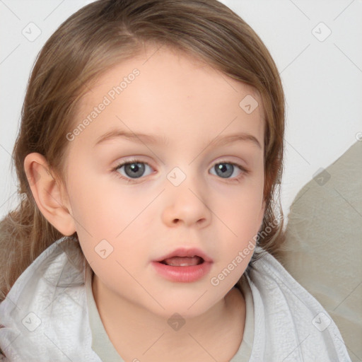 Neutral white child female with medium  brown hair and blue eyes