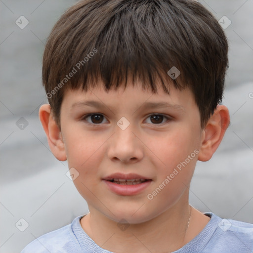 Joyful white child male with short  brown hair and brown eyes