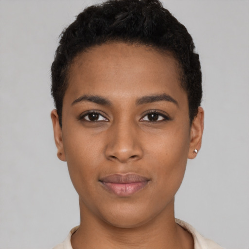 Neutral latino young-adult female with short  black hair and brown eyes
