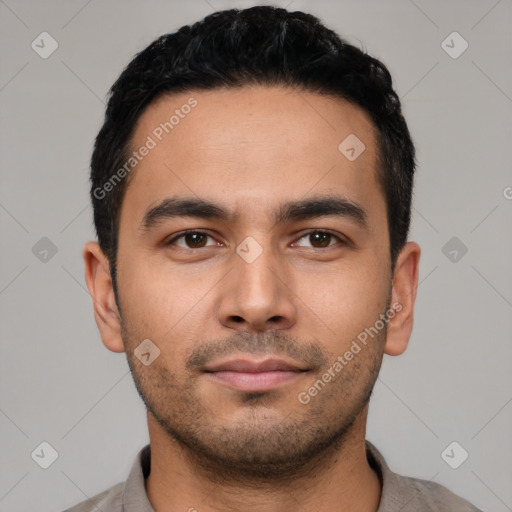 Neutral latino young-adult male with short  black hair and brown eyes