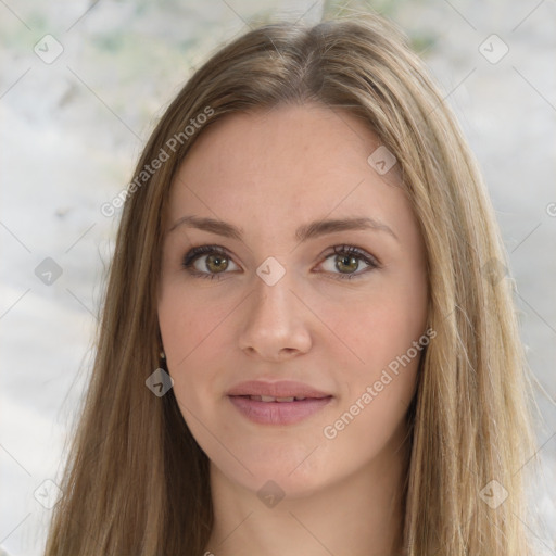 Joyful white young-adult female with long  brown hair and green eyes