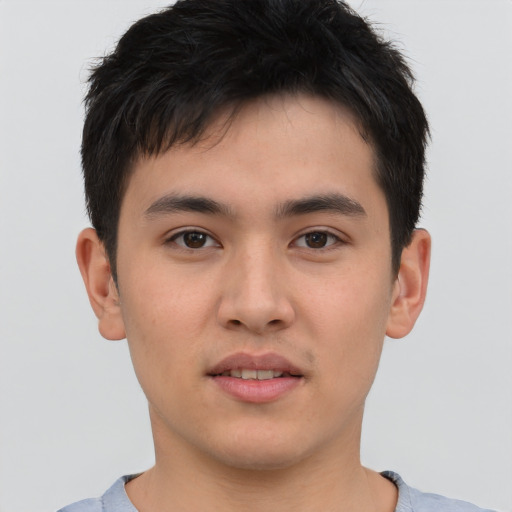 Neutral asian young-adult male with short  brown hair and brown eyes