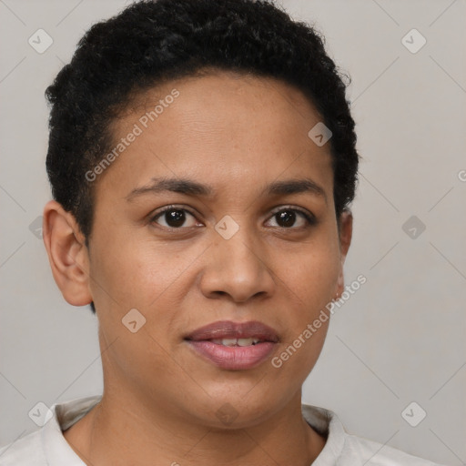 Joyful latino young-adult female with short  brown hair and brown eyes