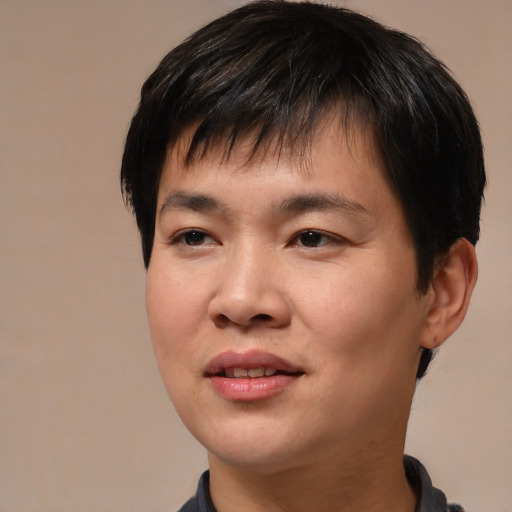 Joyful asian young-adult male with medium  brown hair and brown eyes