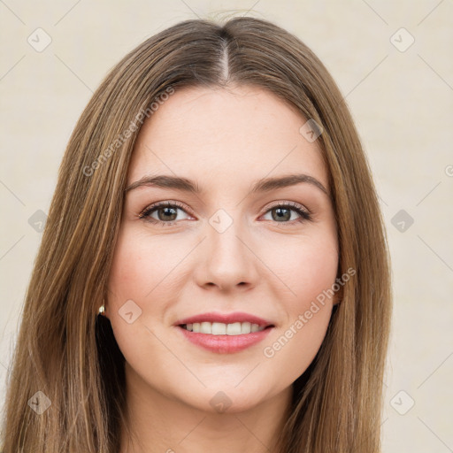 Joyful white young-adult female with long  brown hair and green eyes