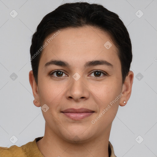 Joyful white young-adult female with short  brown hair and brown eyes