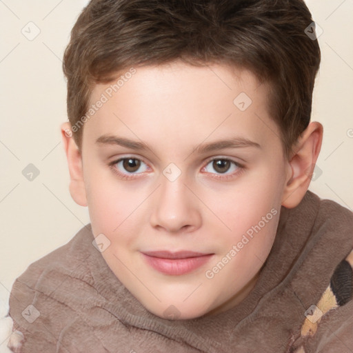 Joyful white child male with short  brown hair and brown eyes