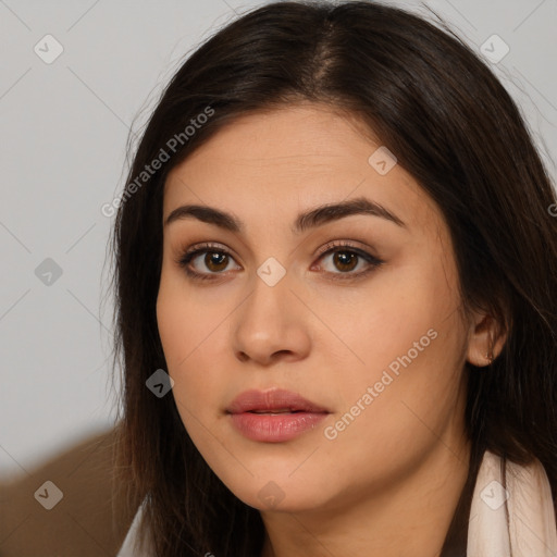 Neutral white young-adult female with long  brown hair and brown eyes