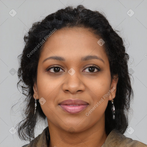 Joyful black young-adult female with long  brown hair and brown eyes