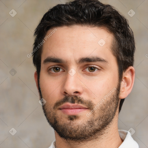 Neutral white young-adult male with short  black hair and brown eyes