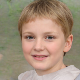 Joyful white child female with short  brown hair and brown eyes