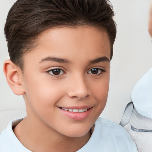 Joyful white child female with short  brown hair and brown eyes