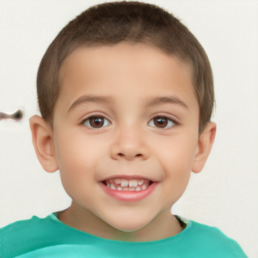 Joyful white child male with short  brown hair and brown eyes