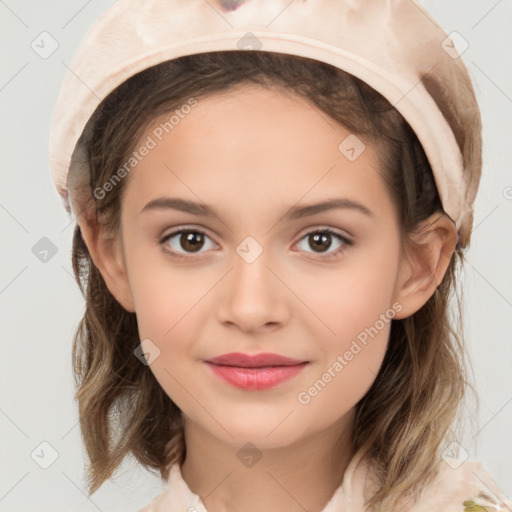 Joyful white child female with medium  brown hair and brown eyes