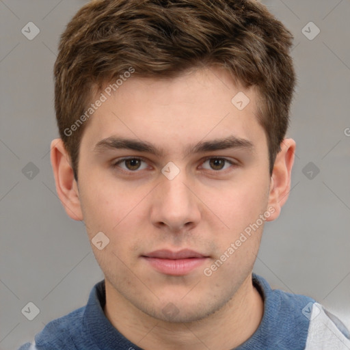 Neutral white young-adult male with short  brown hair and brown eyes