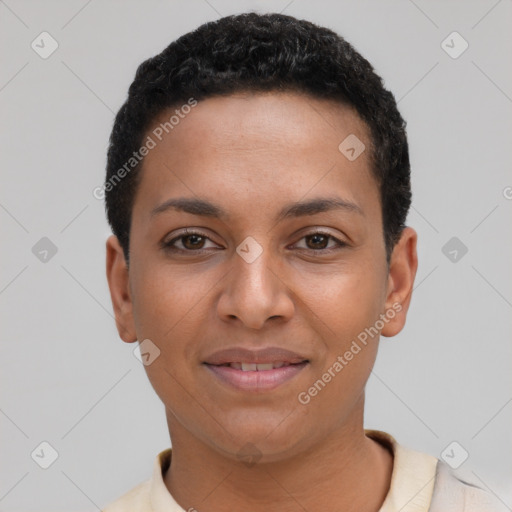 Joyful latino young-adult female with short  black hair and brown eyes