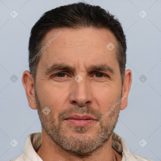 Neutral white adult male with short  brown hair and brown eyes