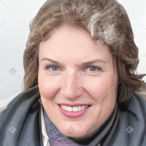 Joyful white adult female with medium  brown hair and blue eyes