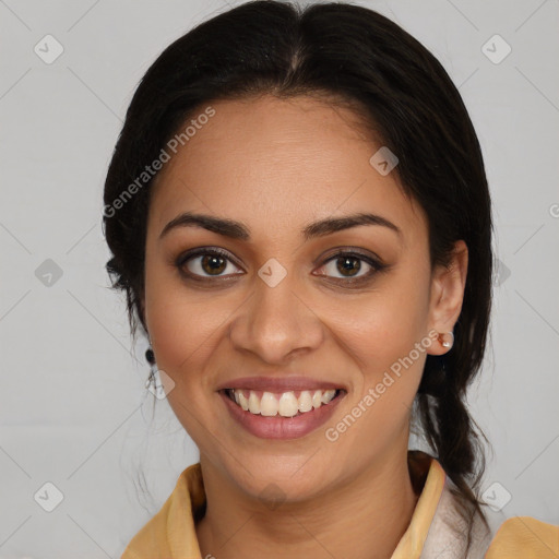 Joyful latino young-adult female with medium  brown hair and brown eyes