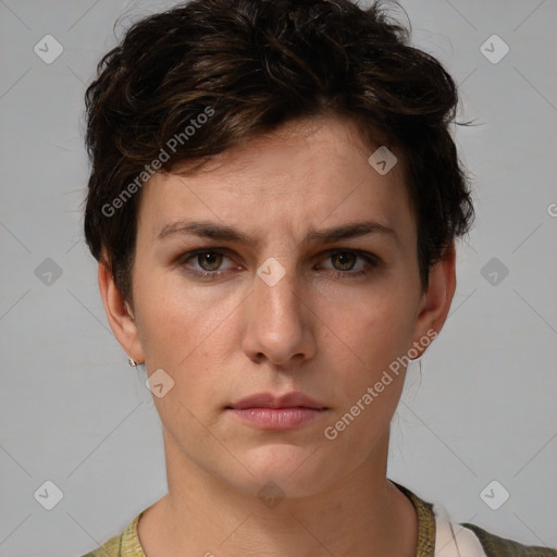 Neutral white young-adult female with medium  brown hair and brown eyes