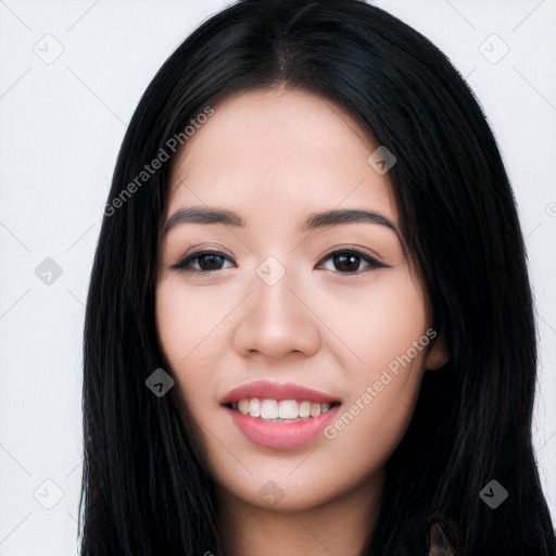 Joyful white young-adult female with long  black hair and brown eyes