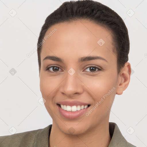 Joyful white young-adult female with short  brown hair and brown eyes