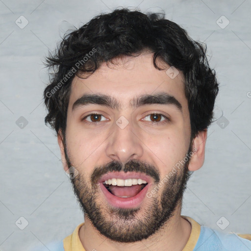 Joyful white young-adult male with short  black hair and brown eyes