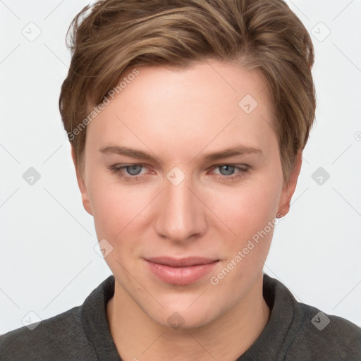 Joyful white young-adult female with short  brown hair and grey eyes