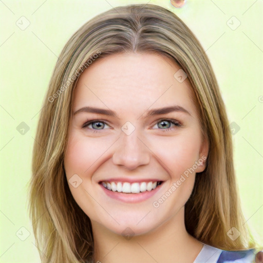 Joyful white young-adult female with long  brown hair and green eyes