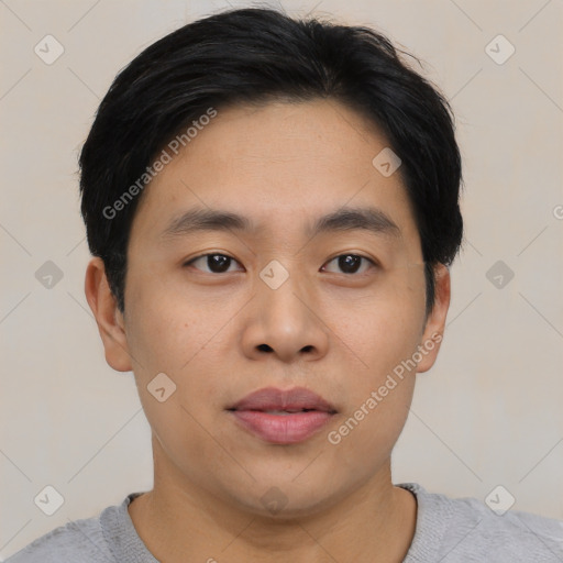 Neutral asian young-adult male with short  black hair and brown eyes