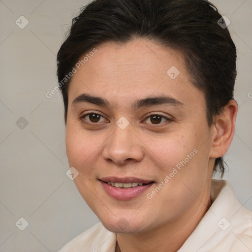 Joyful white young-adult female with medium  brown hair and brown eyes