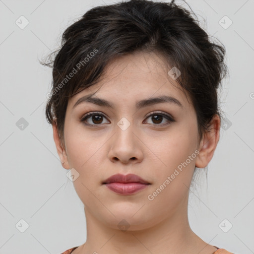 Neutral white young-adult female with short  brown hair and brown eyes