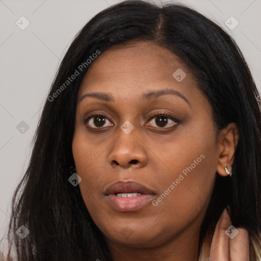 Joyful asian young-adult female with long  brown hair and brown eyes