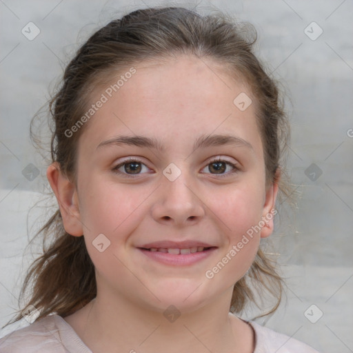 Joyful white child female with medium  brown hair and grey eyes