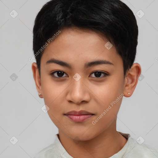 Joyful asian young-adult female with short  brown hair and brown eyes