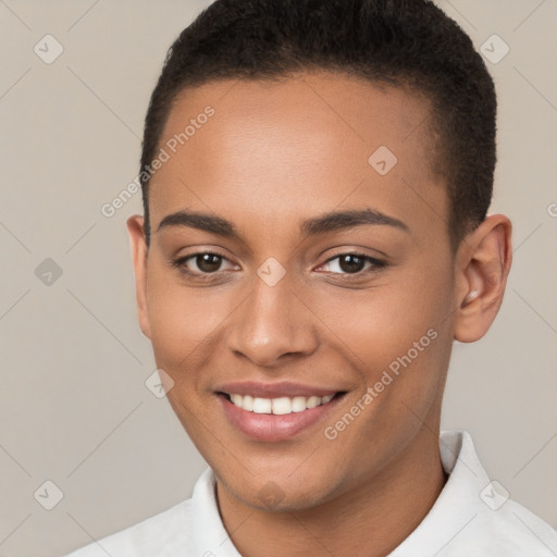 Joyful white young-adult female with short  brown hair and brown eyes