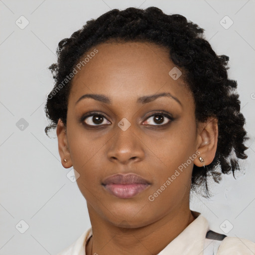 Neutral black young-adult female with short  black hair and brown eyes