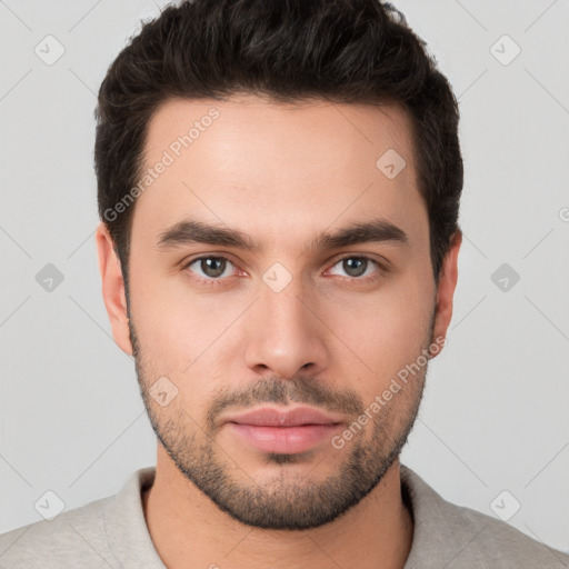 Neutral white young-adult male with short  brown hair and brown eyes