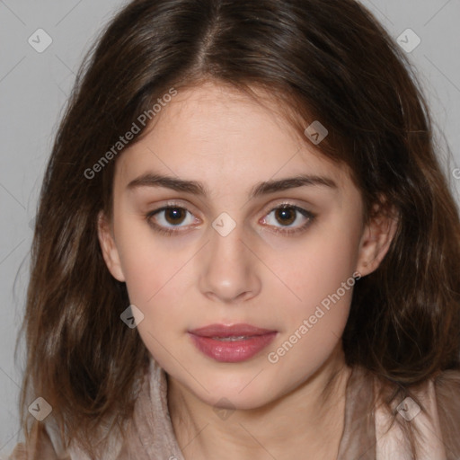 Neutral white young-adult female with medium  brown hair and brown eyes