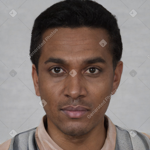 Neutral latino young-adult male with short  black hair and brown eyes