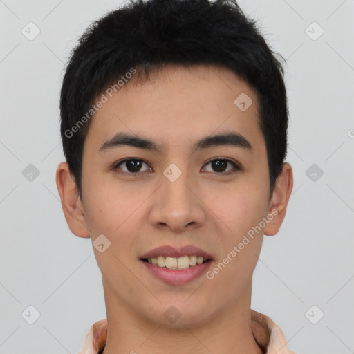 Joyful asian young-adult male with short  black hair and brown eyes