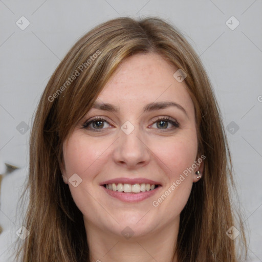 Joyful white young-adult female with long  brown hair and grey eyes