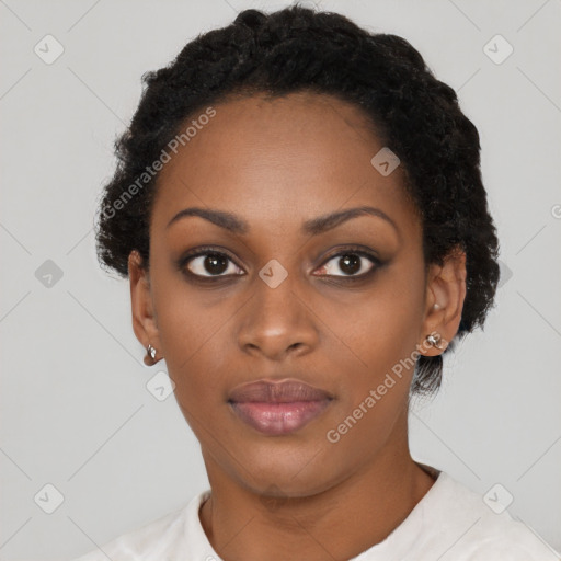 Neutral black young-adult female with short  black hair and brown eyes