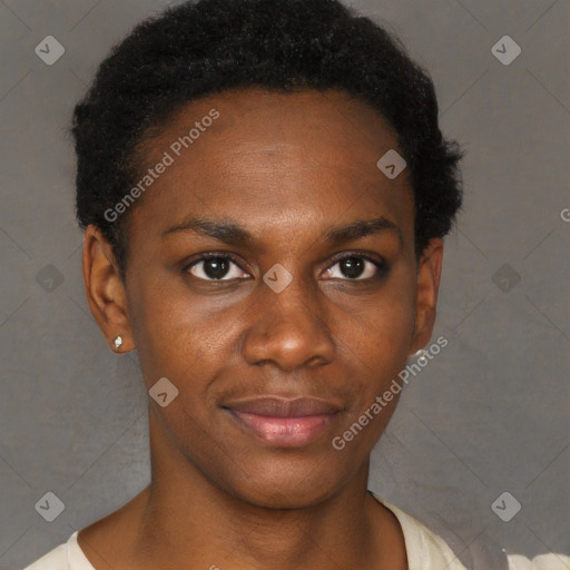 Joyful black young-adult female with short  black hair and brown eyes