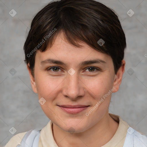 Joyful white young-adult female with short  brown hair and brown eyes