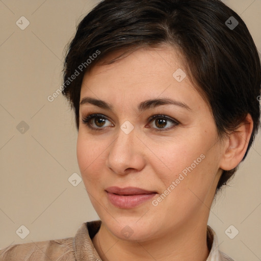 Joyful white young-adult female with short  brown hair and brown eyes