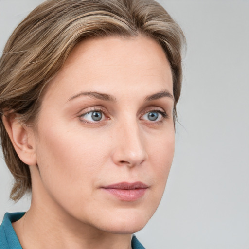 Neutral white young-adult female with medium  brown hair and blue eyes