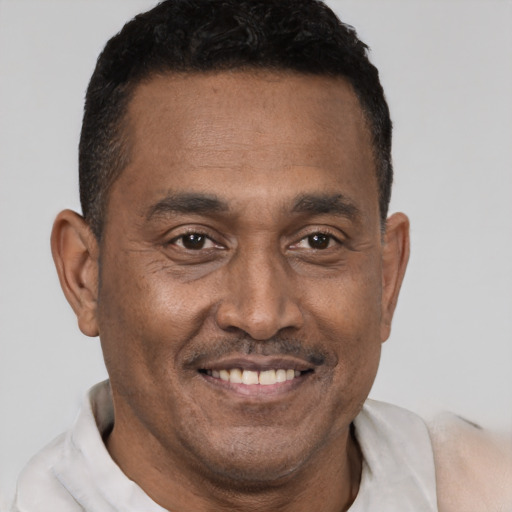 Joyful black adult male with short  black hair and brown eyes