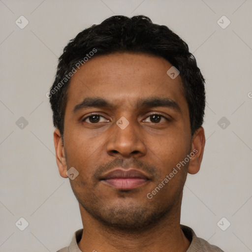 Neutral latino young-adult male with short  black hair and brown eyes