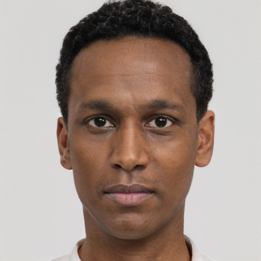 Neutral black young-adult male with short  black hair and brown eyes